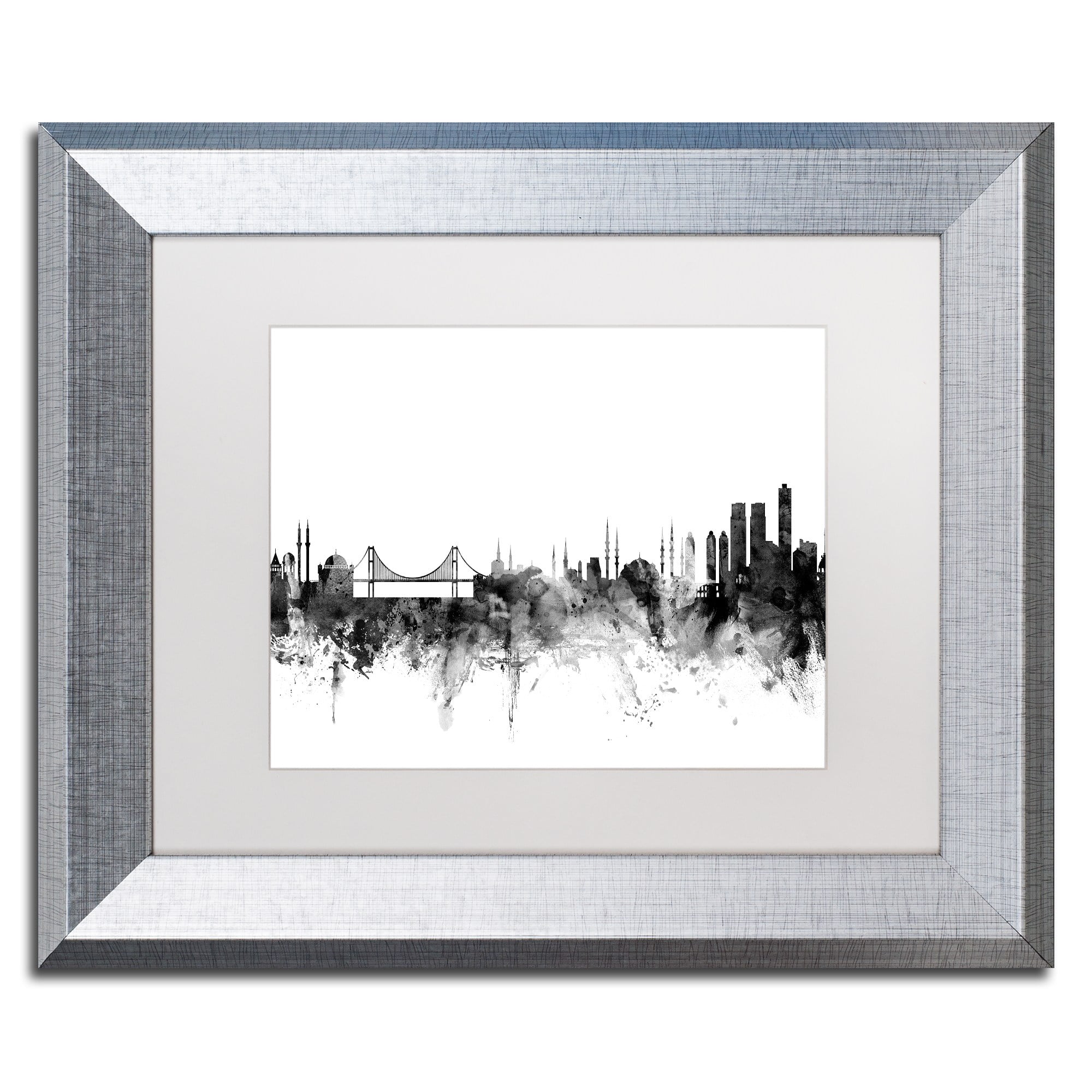 Trademark Fine Art "Istanbul Turkey Skyline B&W" Canvas Art by Michael Tompsett, White Matte, Silver Frame
