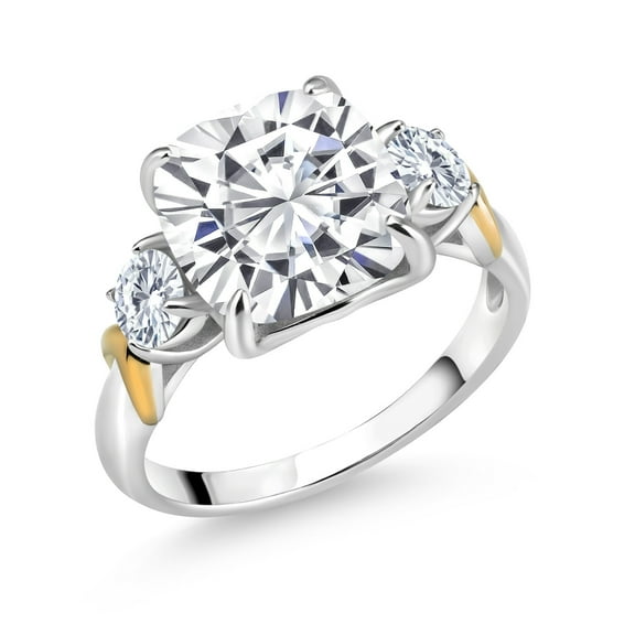 Gem Stone King 925 Silver and 10K Yellow Gold Moissanite and Lab Grown Diamond 3 Stone Ring for Women (5.54 Cttw, Gemstone Birthstone, Cushion 10MM, Round 4MM, Size 8)
