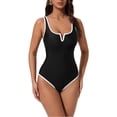 thumbnail image 2 of Women Sexy Tummy Control One Piece Swimsuits V Wired Slimming Bathing Suit Color Block Printed Swimwear Black S, 2 of 6