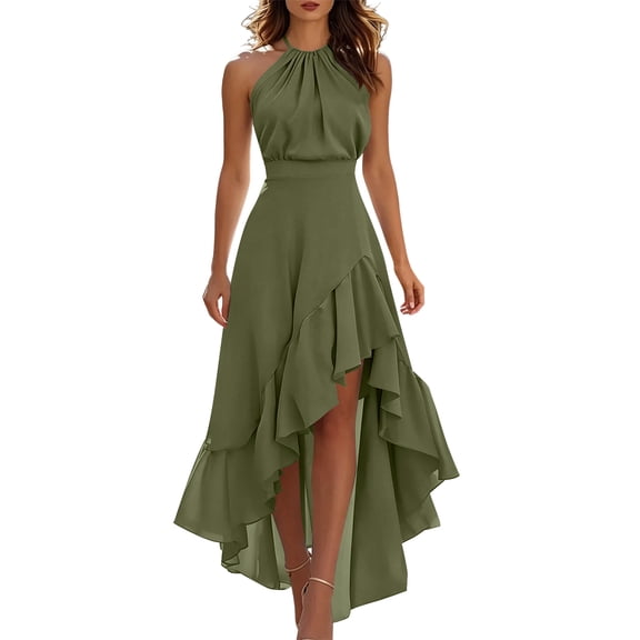 Iyufng Summer Dresses for Women 2026 Women's Halter Sleeveless Asymmetrical Ruffled Hem Casual Maxi Dress