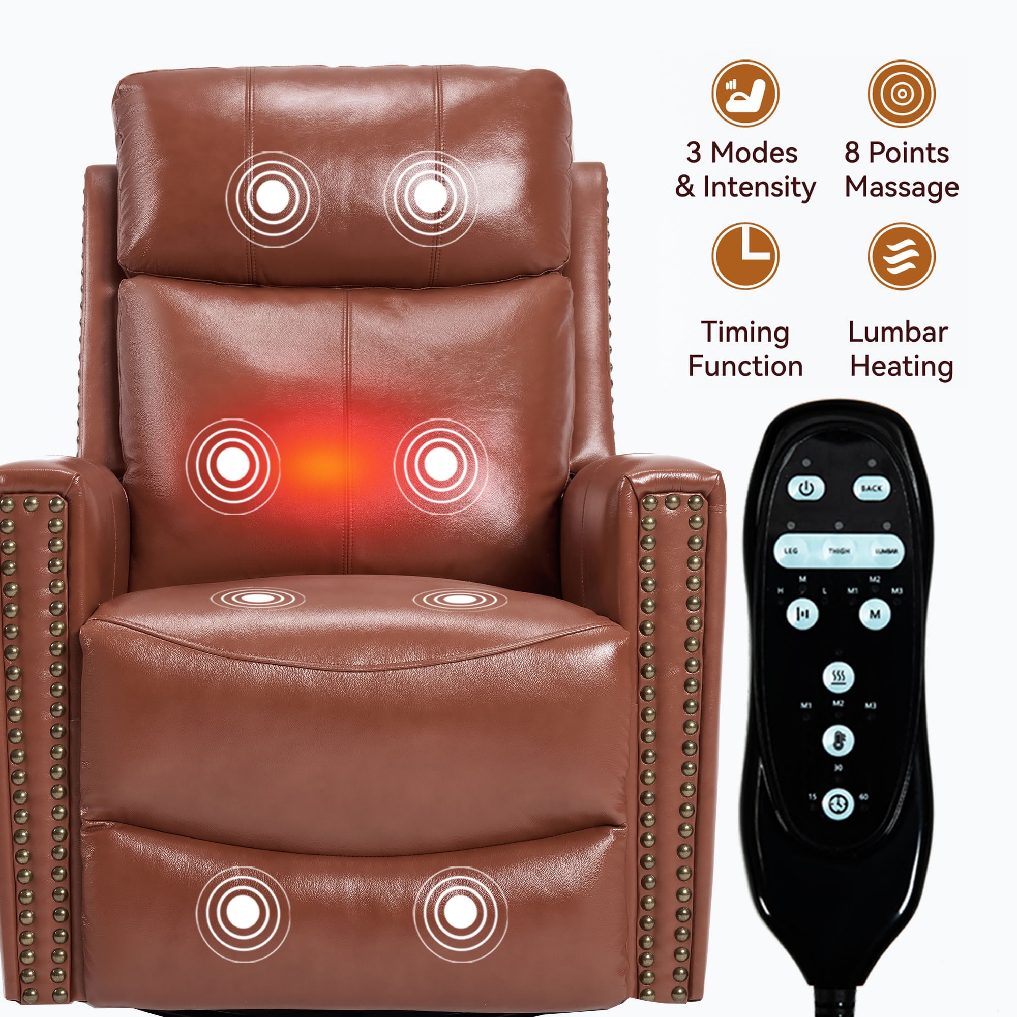 MAYEERTY Genuine Leather Swivel Recliner Chair, Manual Rocker Lounge Chair with 8-Point Massage & Lumbar Heat, for Living Room Home Theater