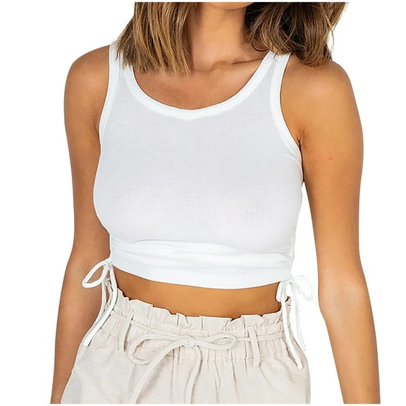 aidice Going out Tops for Women Ribbed Round Neck Sleeveless Slim Fitted Drawstring Summer Cropped Tank Tops