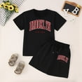 thumbnail image 5 of Girls 2 Piece Outfits Size 10-12 Summer Short Sleeve Letter Print T Shirt and Drawstring Shorts Summer Athletic Set for Girls Comfortable Summer Clothes,A1-Black,140(9-10 Years), 5 of 5