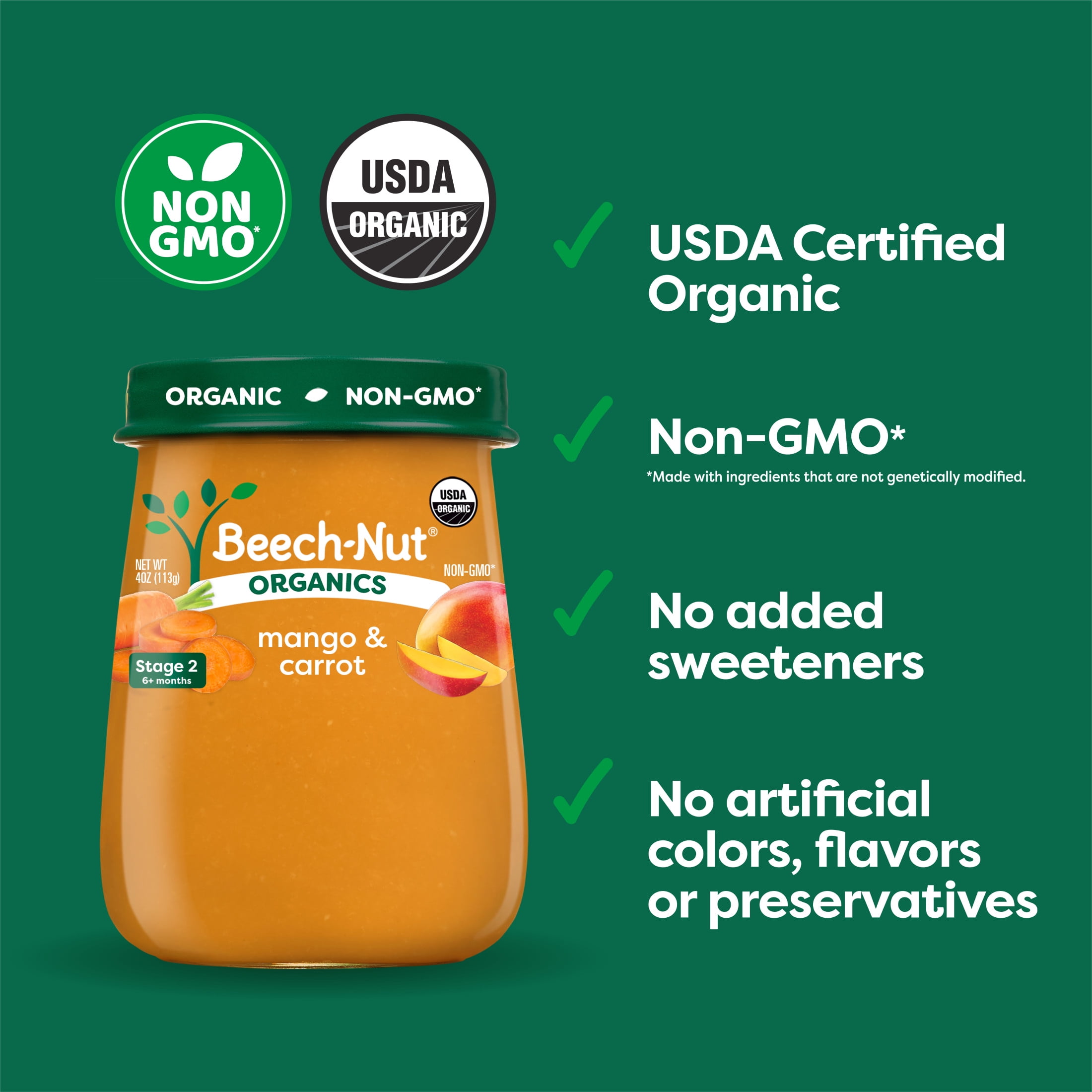 (6 pack) Beech-Nut Organics Stage 2 Organic Baby Food, Mango & Carrot, 4oz Jar