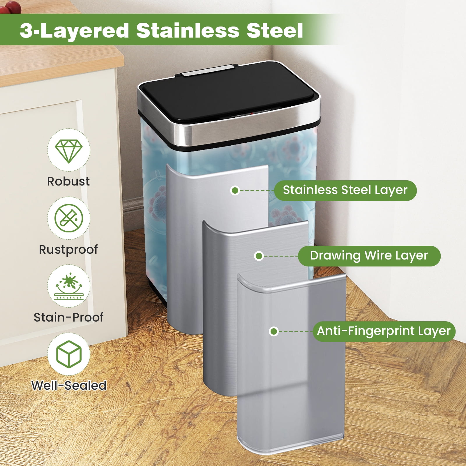 Gymax 16 Gallon Trash Can w/Dual Compartments for Bedroom Bathroom Kitchen Stay Open