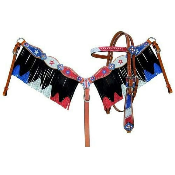 Showman Red, Silver & Blue Glitter Headstall & Breast Collar Set w/ Reins
