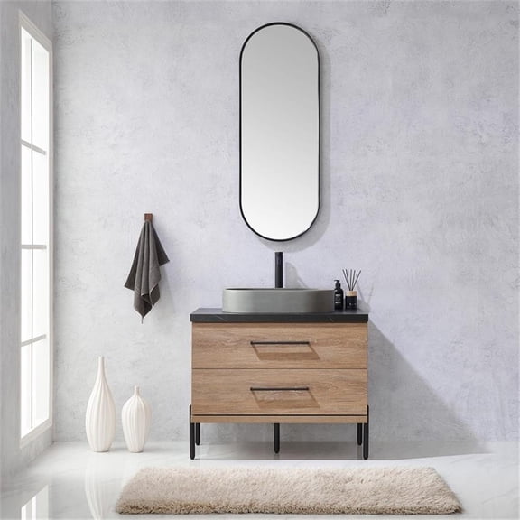 Trento 36" Single Concrete Sink Bath Vanity in North American Oak with Mirror
