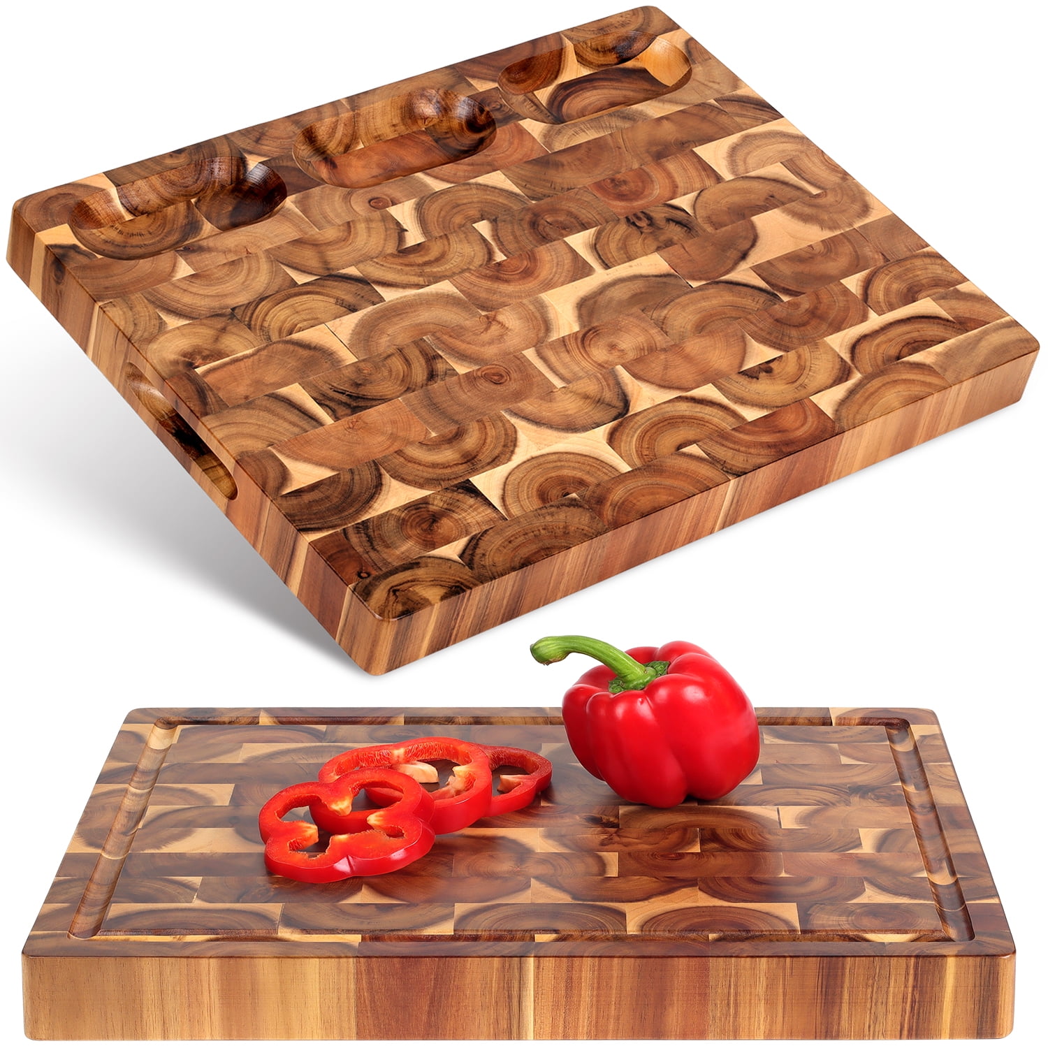 Cutting Board (17x13x15in) End Grain Cutting Board, Acacia Wooden Cutting Board, Butcher Block, Chopping Board - Reversible Multipurpose For Kitchen with Juice Groove, Cracker Holder & Inner Handles