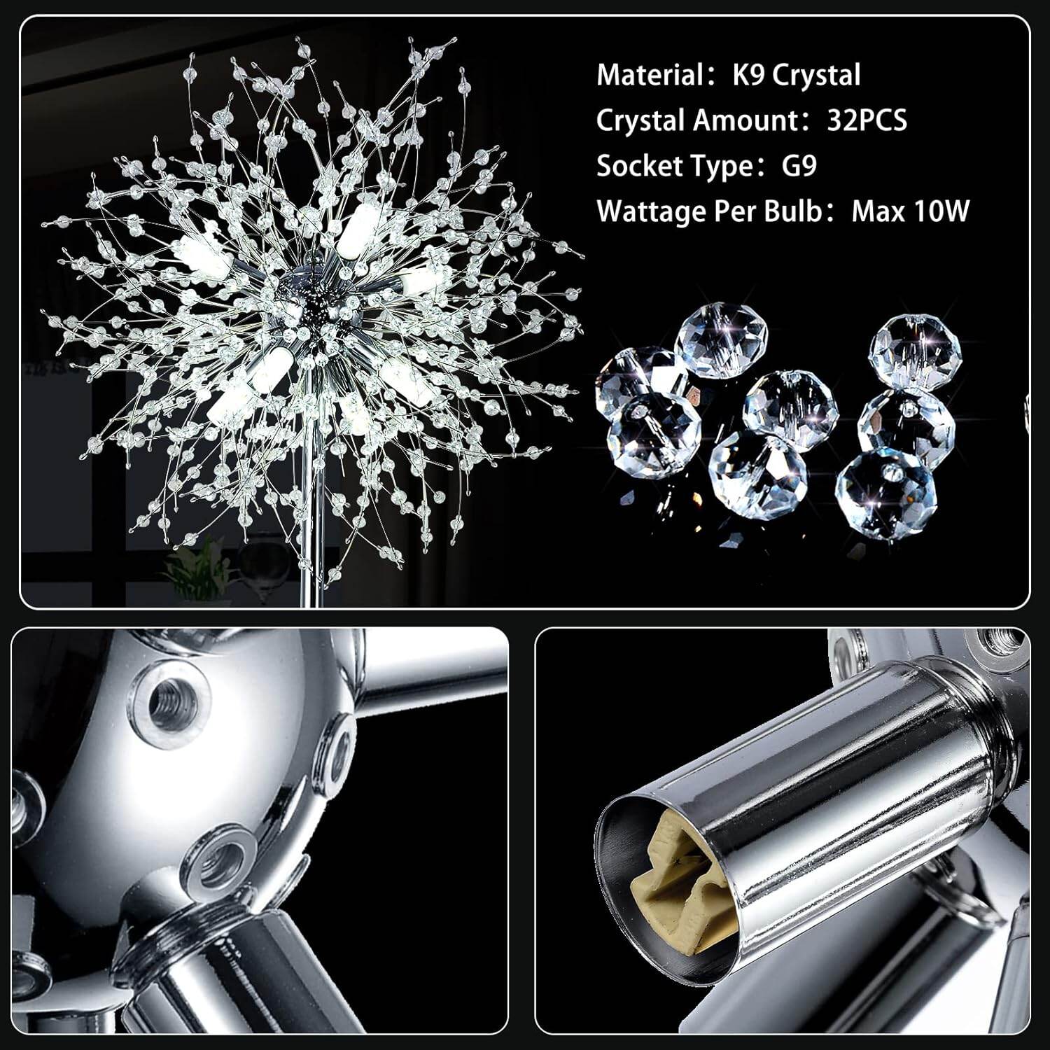 Table Lamp Crystal Floor Lamp for Bedroom, Floor Lamp for Living Room, Elegant Standing Lamp, 69" Tall Pole Lamp, Modern Floor Lamp for Room Decor, 32 Firework Crystal Harnesses Included, Fini