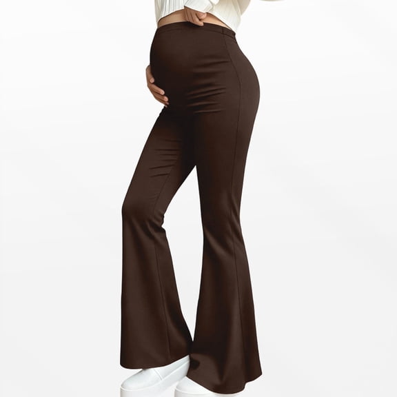 BRGZLK Maternity Flare Leggings Wide Leg V Cross Waist Belly Support Waistband High Waist Soft Stretchy Pants Casual Slimming Maternity Flared Pants Coffee M