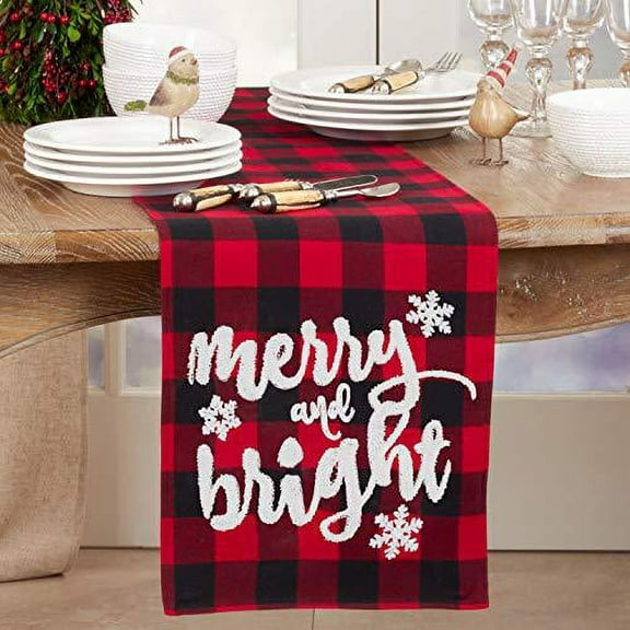 Fennco Styles Holiday Buffalo Plaid Cotton Blend Merry and Bright Table Runner 14 x 72 Inch - Red & Black Plaid Table Cover for Christmas Decor, Home, Banquet, Family Gathering and Spe