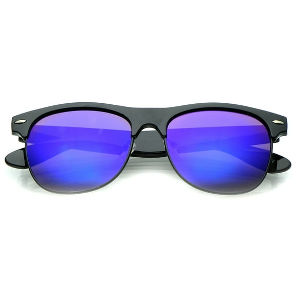 Classic Half Frame Colored Mirror Square Lens Horn Rimmed Sunglasses 55mm (Black-Black / Blue Mirror)
