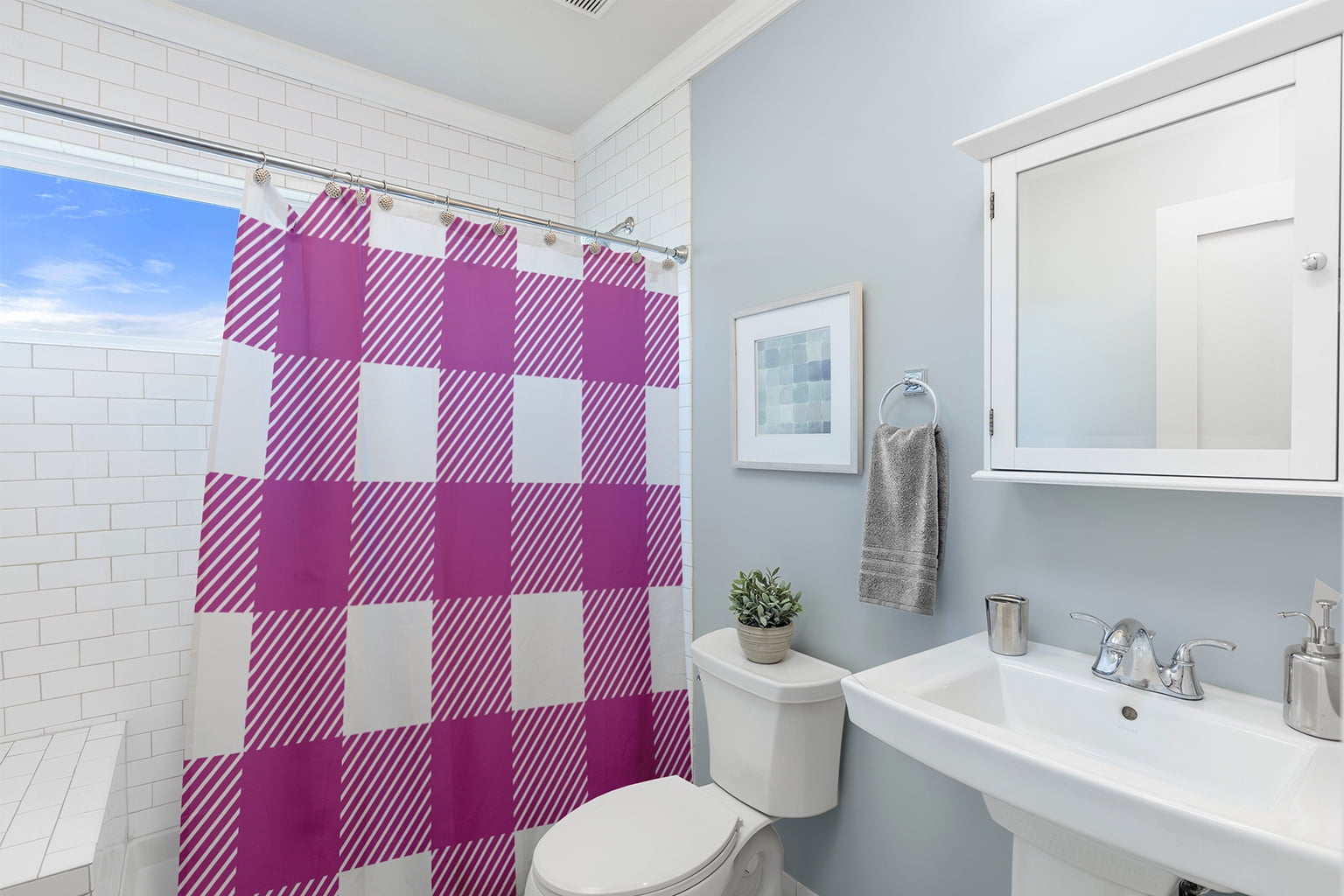 Simply Daisy 70" W x 73" L Buffalo Plaid Polyester Shower Curtain, Orchid [1 Ct]