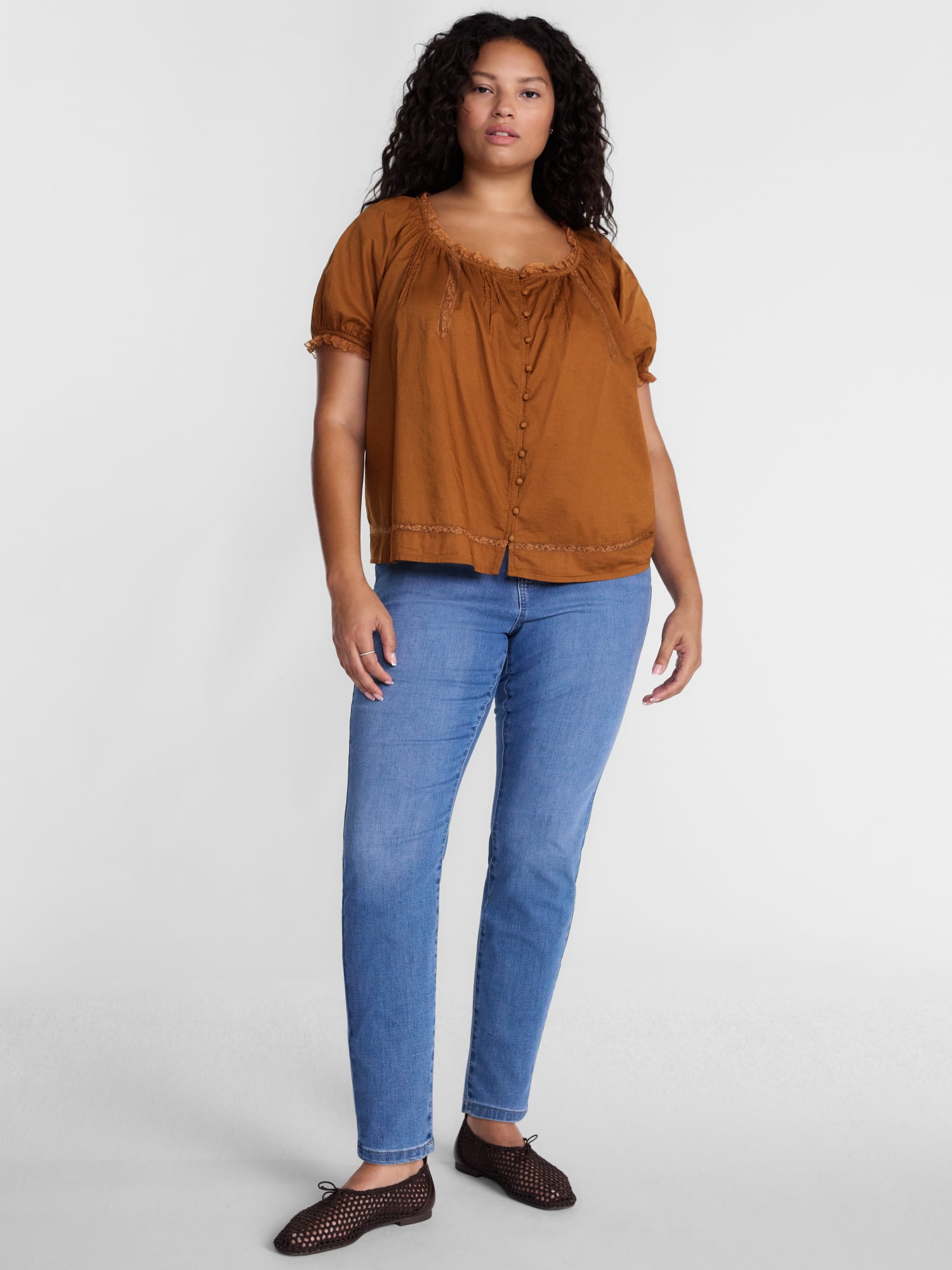 Terra & Sky Women's Plus Button Front Cotton Swing Top with Short Sleeves, Sizes 0X-5X
