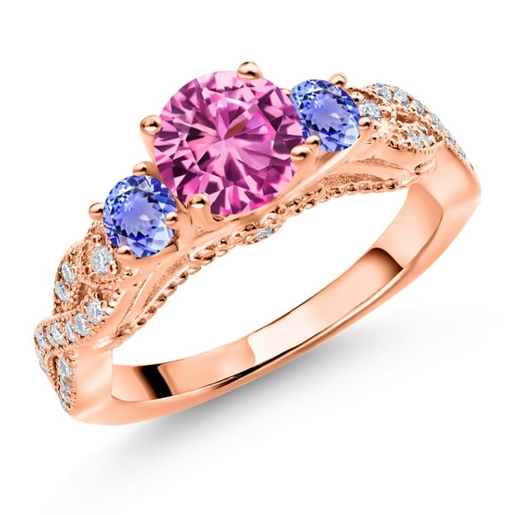Gem Stone King 18K Rose Gold Plated Silver Pink Created Sapphire Blue Tanzanite and White Moissanite Engagement Ring for Women (1.57 Cttw, Gemstone September Birthstone, Round 6MM and 3MM, Size 8)