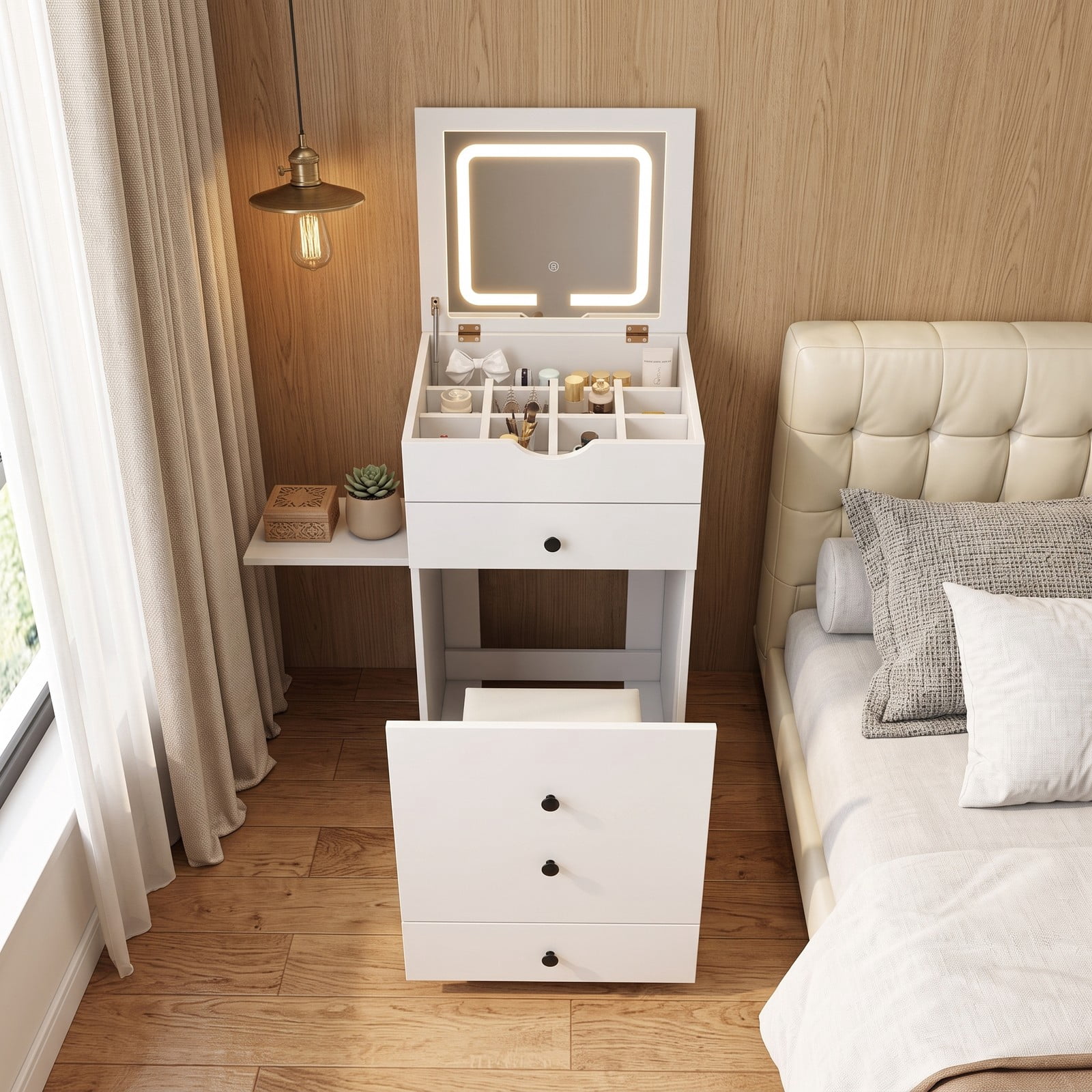 Furnibear 3 in 1 Vanity Set with Flip Up LED Mirror and Rolling Casters and Cushioned Storage Stool for Bedroom and Small Space, White