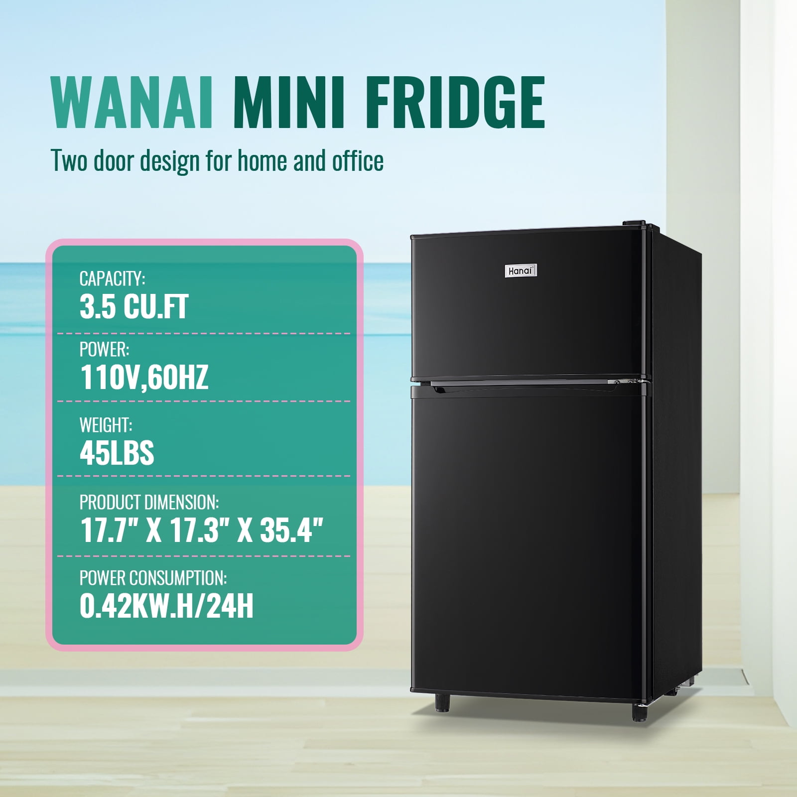 WANAI 3.5 Cu.ft Double Door Mini Fridge with Freezer Side Door