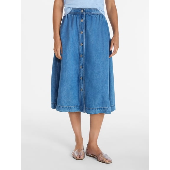 Time and Tru Women's Button Front Denim Midi Skirt, Sizes XS-XXXL