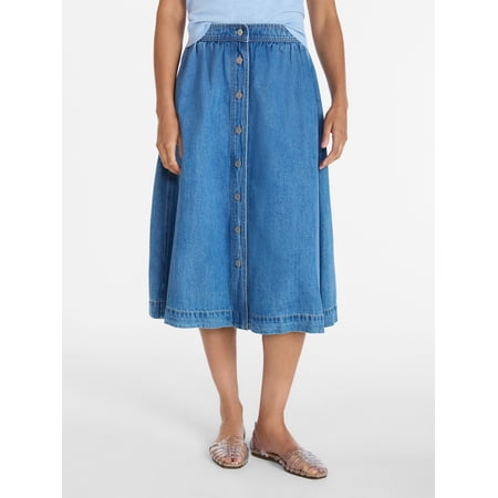 Time and Tru Women's Button Front Denim Midi Skirt, Sizes XS-XXXL