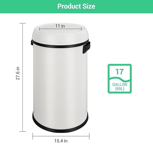 Basics Round Stainless Steel Trash Can with Swing lid, Large Kitchen Round Can - 65 Litre/ 17.2 Gallon, Silver, Black,White