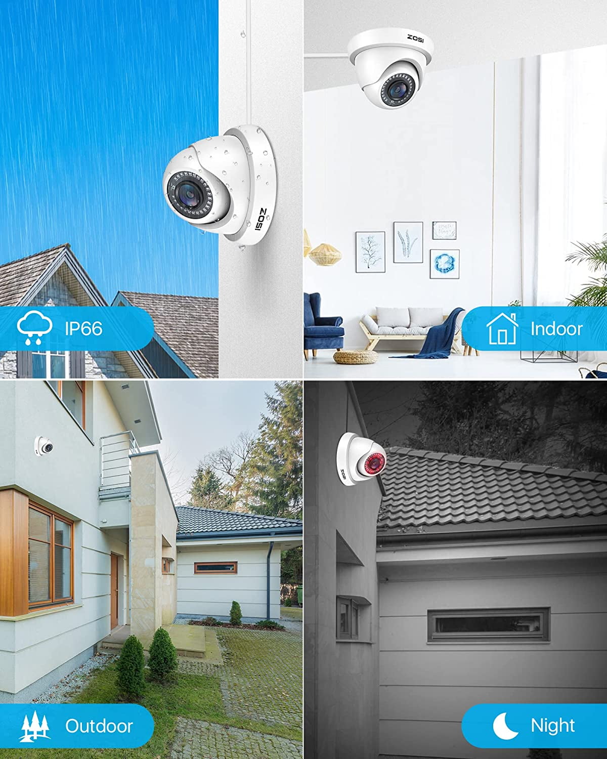 ZOSI 4 Pack 2.0MP HD 1080P HD-TVI Indoor Outdoor Dome Wired Home Security Surveillance CCTV Camera Kit
