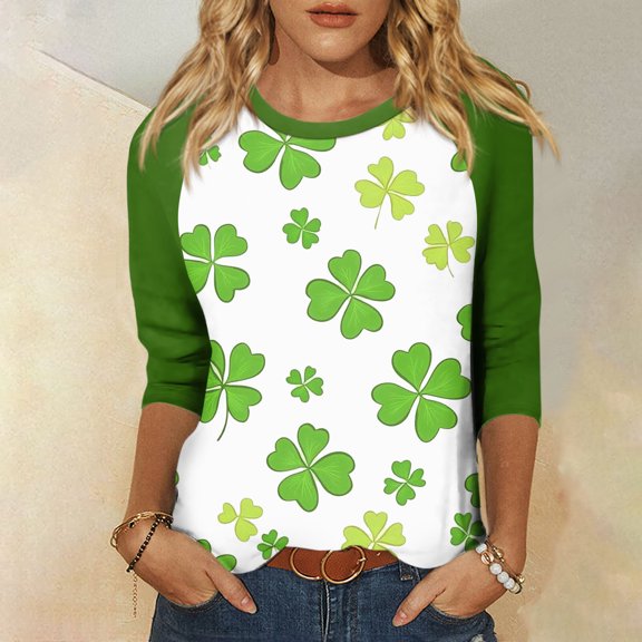 Dwralegc Vintage Tees for Women 2026 Lucky Loose Fit 3/4 Sleeve Shamrock Printed Irish Clover Graphic Shirts Round Neck Fashion St Patricks Day Funny Tunic Tops Blouses Dark Green S