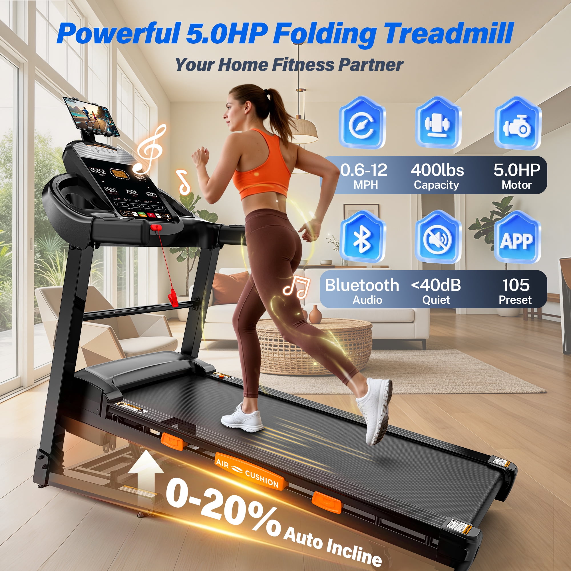 Folding Treadmill with Auto Incline, 5HP Brushless Motor, 0.6–12 MPH Speed Range, 20 Incline Levels, 300 lb Capacity, Bluetooth App Control, One-Touch Folding Design, 90% Pre-Assembled