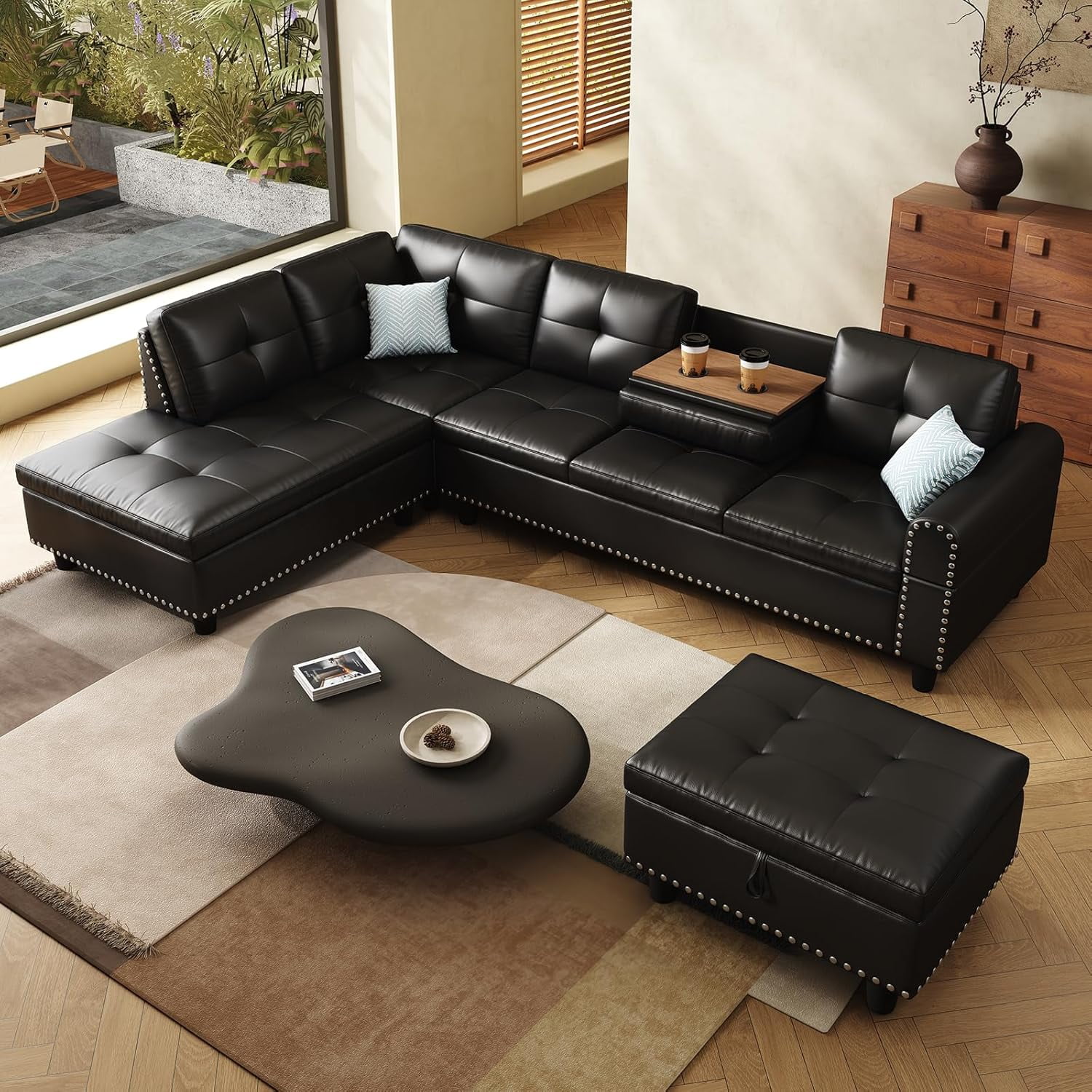 AENKYO 98" L-Shaped Sectional Sofa with Reversible Chaise, Storage Ottoman & Cup Holders, Faux Leather, Black