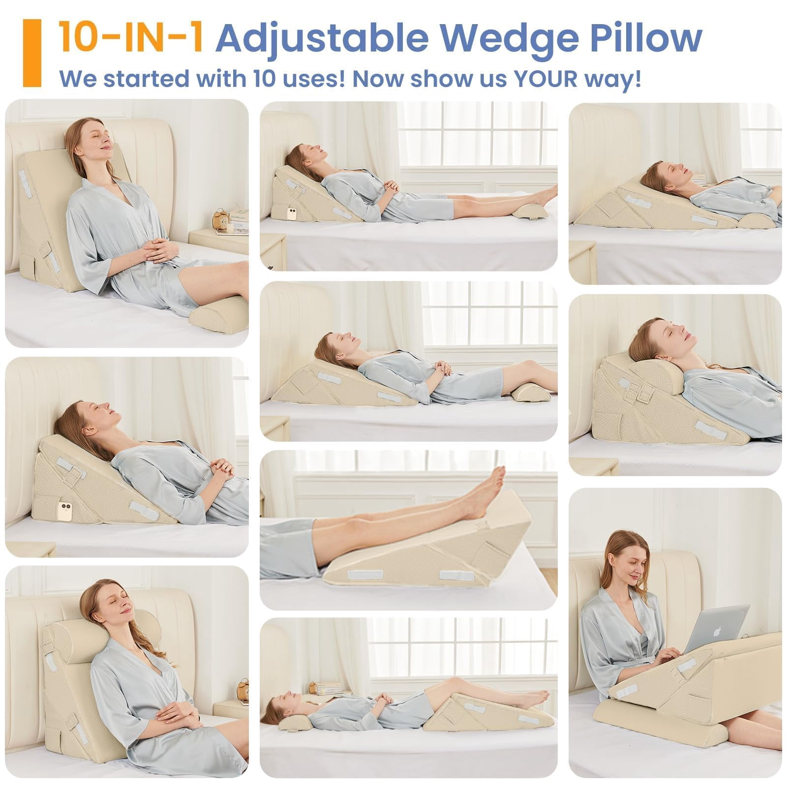 Wedge Pillow Set For After  2pcs Adjustable Bed Headboard With Memory Foam Neck Cushion - Acid Reflux Sleeping & Support Beige