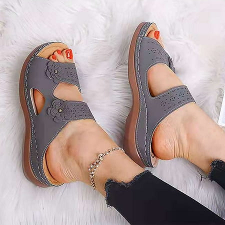 

FITORON Womens Slippers- Leisure Vacation Comfort Flower Open Toe Wedge Beach Sandals Gray 39