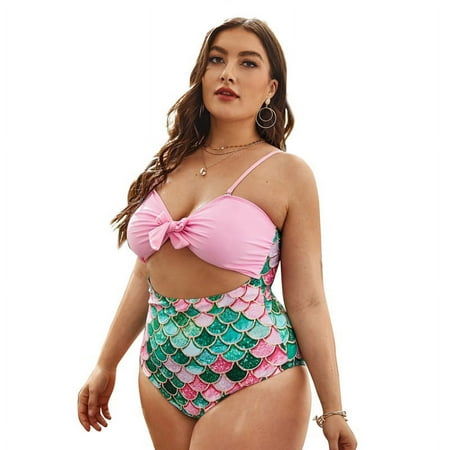 Plus Size One Piece Swimsuit for Women Bathing Suit Tummy Control Wrap Tie Criss Cross Back Tie Wide Straps - Mermaid printing