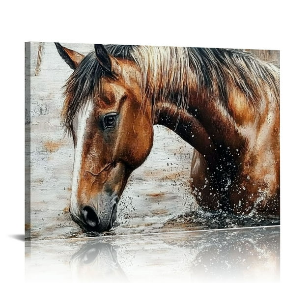 Shadudu Large Horse Canvas Wall Art - Brown Horse Picture for Wall Decor Rustic Wood Plank Effect Canvas Painting Animal Portrait Canvas Print Artwork