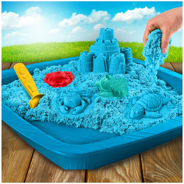 Kinetic Sand, Sandbox Set Kids Toy with 1lb All-Natural Blue Kinetic Sand  and 3 Molds, Sensory Toys for Kids Ages 3 and up 