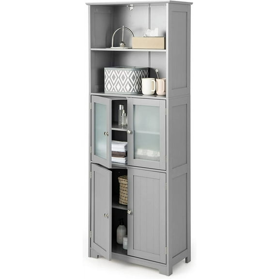 LOKO Tall Bathroom Cabinet, Modern Storage Organizer with Doors & Open Shelves, Wooden Floor Cabinet with Adjustable Shelves for Bathroom, Living Room or Kitchen (Grey)