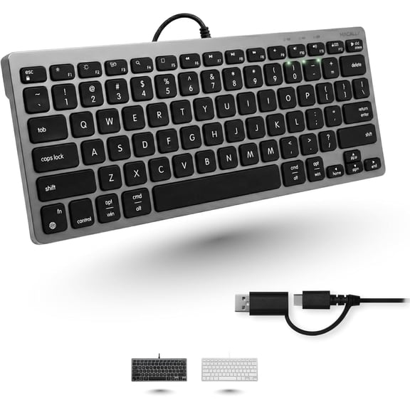 Macally Compact Wired Keyboard Dual USB-C & USB-A, 78-Key Layout, 13 Mac Shortcuts - Space Gray