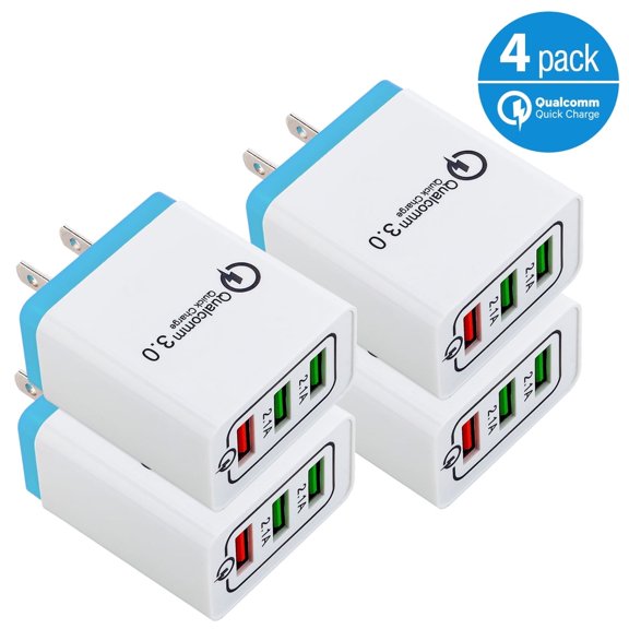 Borz USB Wall Charger Fast Adapter,[ QC 3.0   2 USB ] Fast Wall Charger 3 Ports Tablet iPad Phone Fast Charger Adapter Quick Charge 3.0 Travel Plug Compatible Samsung, HTC, iPhone More (4 Pack)
