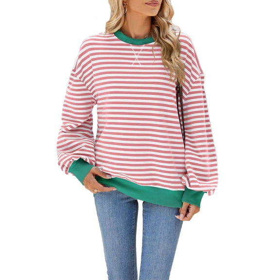 Deago Women Oversized Striped Color Block Long Sleeve Crew Neck Sweatshirt Casual Loose Pullover Y2K Shirt Top