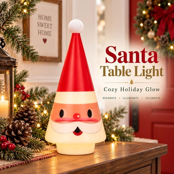 Conical Santa Claus Tabletop Decoration, Cute Wooden Resin Santa Figurine With White Hat, Christmas Decor, 8in Lighted Indoor Holiday Tabletop Decor for Mantel Desk Shelf, Multicolor