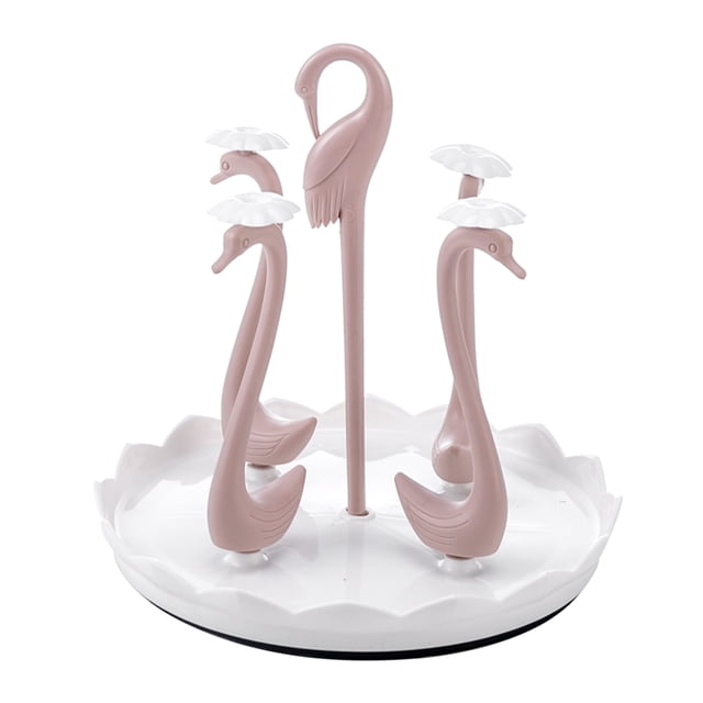 Swan Cup Holder with Rotating Drip Tray Plastic Rotatable Drinking Cup Drainer Stand Rack for Home Kitchen Pink 4 Heads