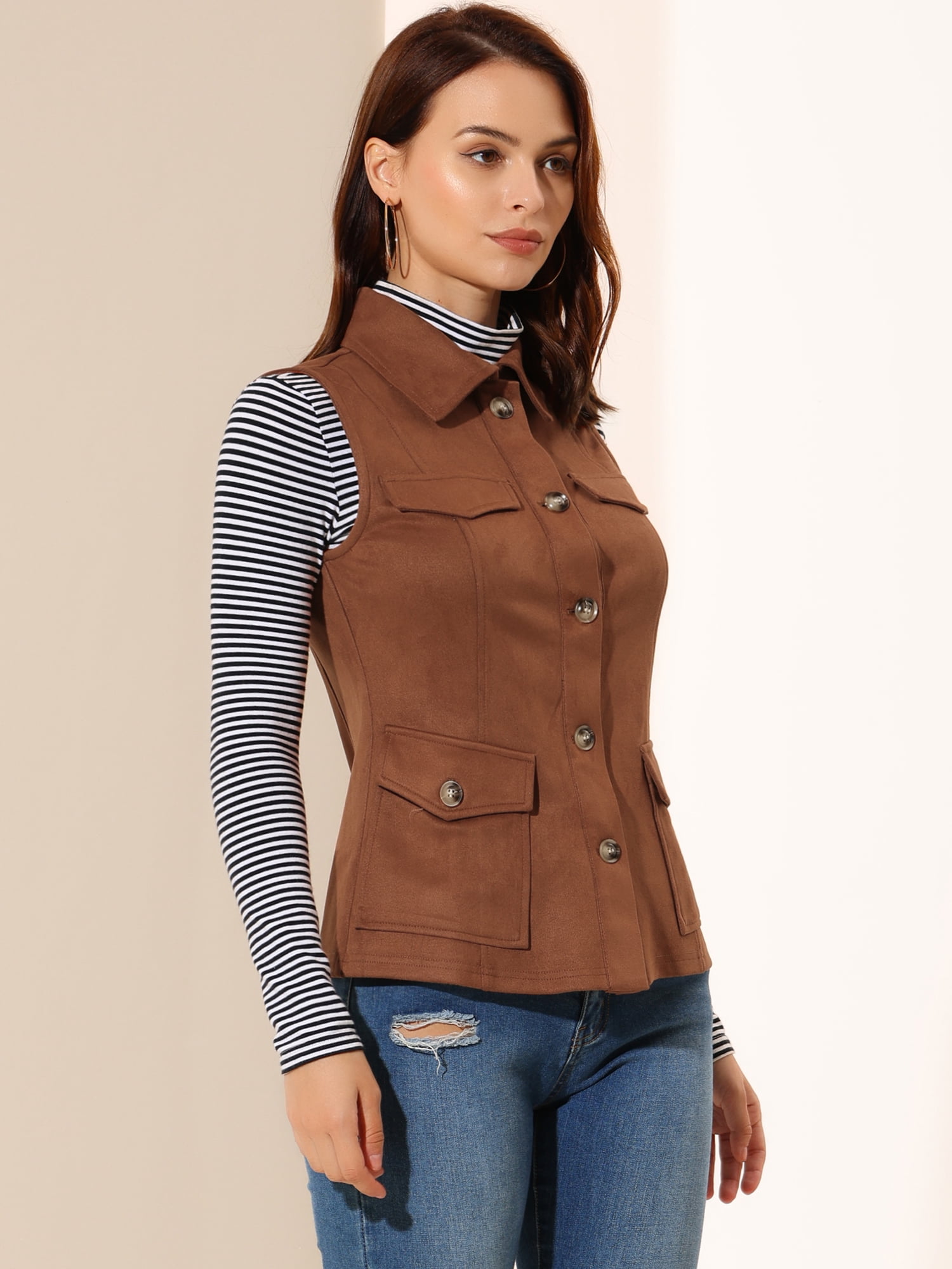 DARING DIVA Women's Rustic Button Up Utility Anorak Cargo Vest XS Brown
