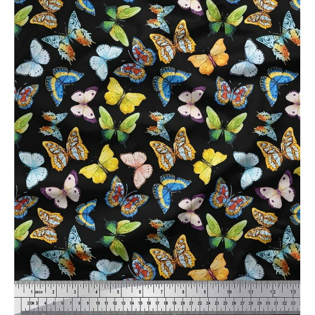 Soimoi Tissu Georgette Viscose Noir Imprimé Papillon Coloré au Mètre 42 Pouces de Large