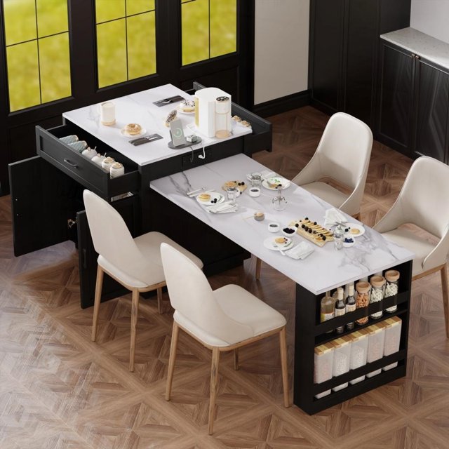 Îlot de Cuisine de Rangement Double avec 2 Prises CA et Port Usb et Table à Manger Extensible pour 2 à 6 Personnes