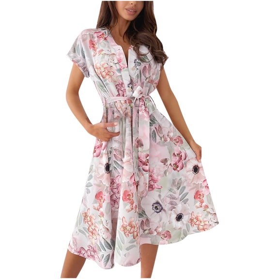 Womens Dresses Vacation, Womens Summer A-Line Sundress V Neck Short Sleeve Floral Printed Casual Swing Midi Dress with Belt