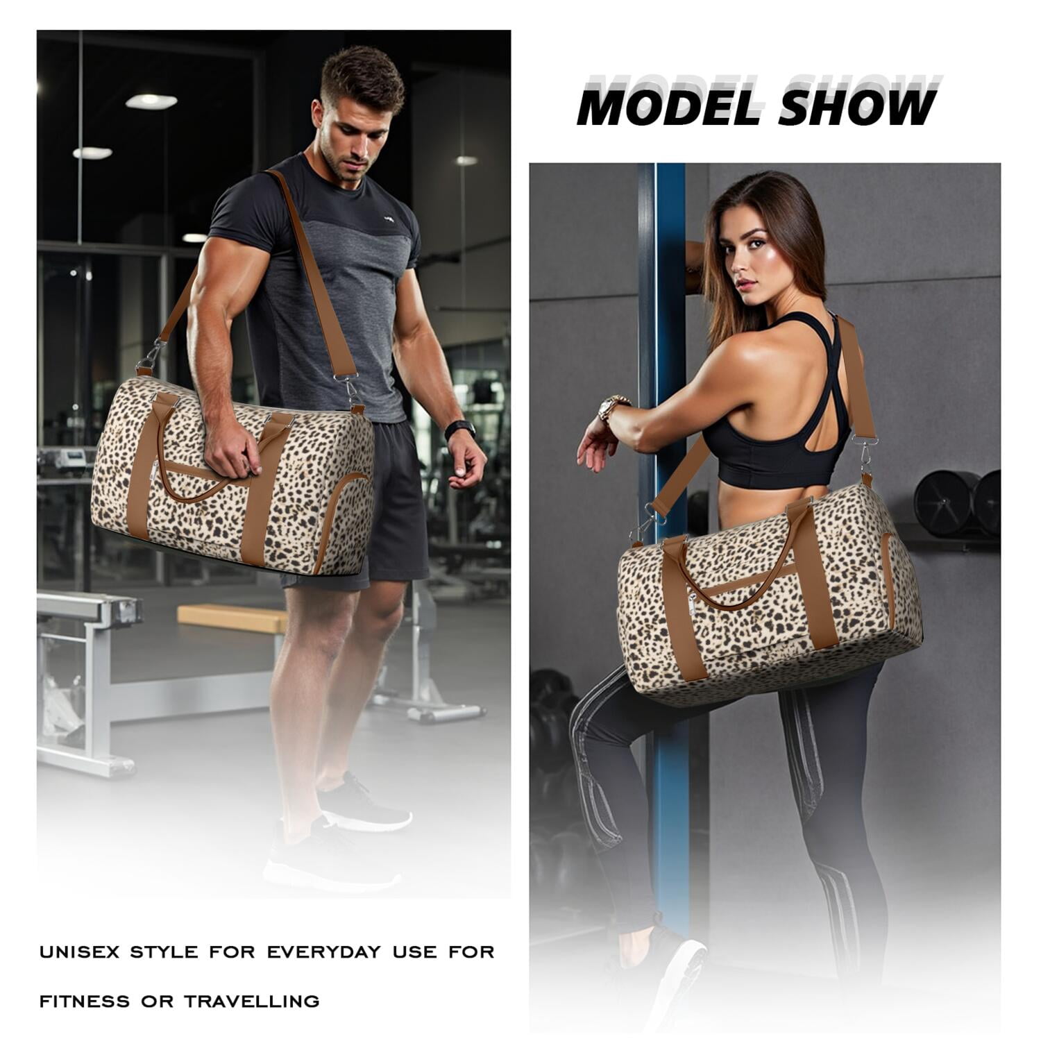 Leopard Womens Gym Tote Duffle Bag with Wet Pocket & Shoe Compartment, Checkered Travel Duffel Bag Overnight Weekender Hospital Tote Girls Workout Carry on Bag with Luggage Sleeve