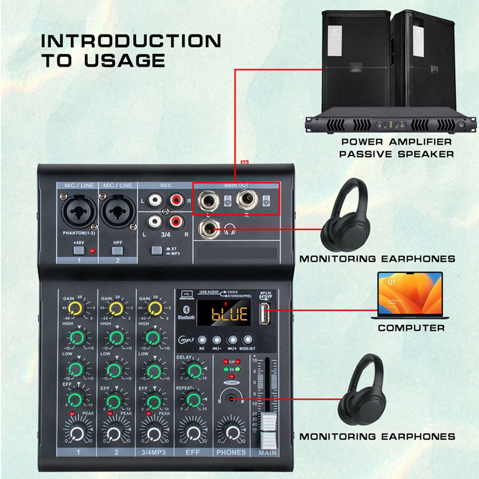 Professional Digital DJ Mixer Console 4 Channel Audio Mixer with USB Port Supports Bluetooth Connection Playback White