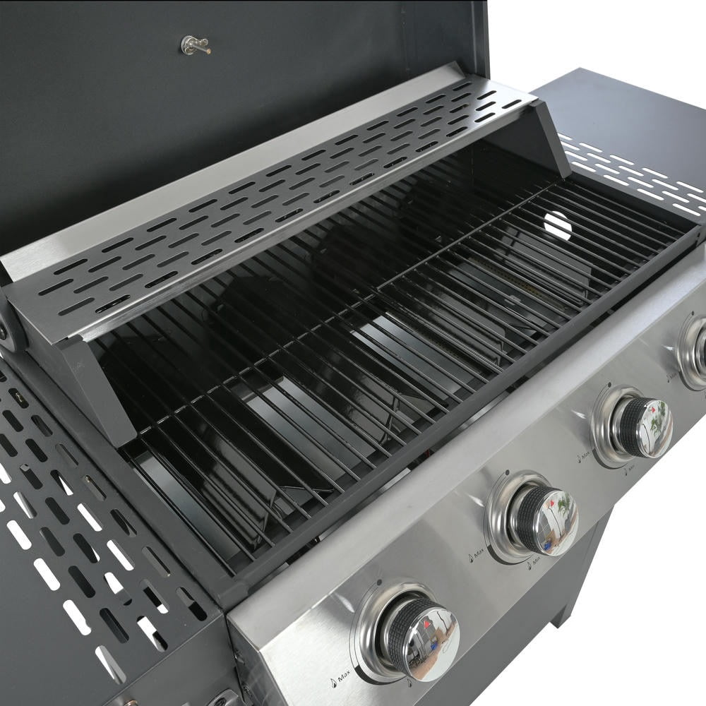 Kepooman Grill with Two Shelves, Lid, Wheels and Bottle Opener, Outdoor BBQ Grill with 4 Burner and Stainless Steel 34,000 BTU for Outdoor, Black