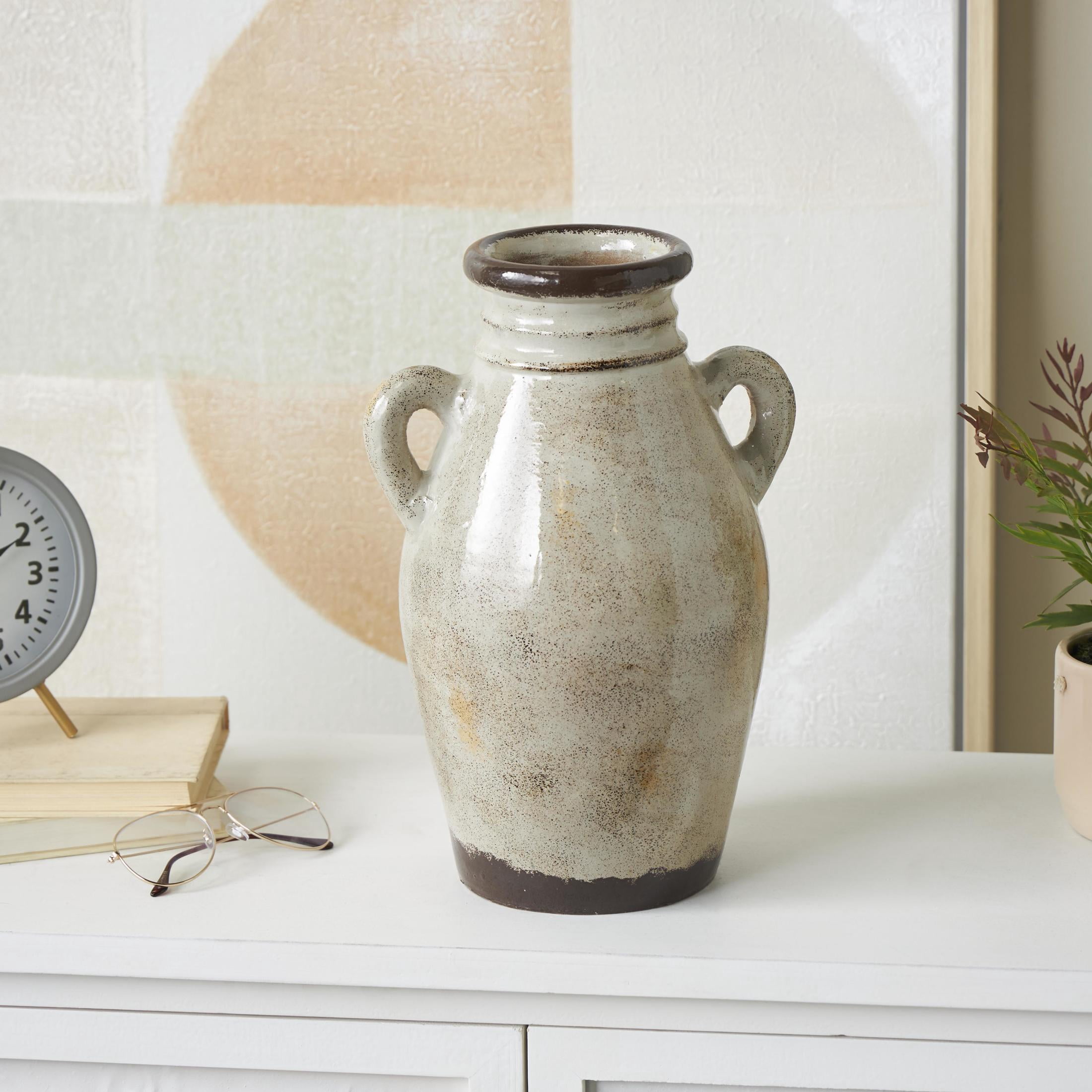 DecMode 14" Antique Amphora Cream Ceramic Vase with Speckled Texturing and Yellow and Brown Accents