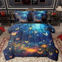 Homewish Colorful Dreamy Butterfly 7 Pieces Bedding Comforter Set,Rustic Flower Floral Full Bedding Set,Blue Orange Fitted Sheet Flat Sheet For Kids,Luxury Bedroom Decor Reversible