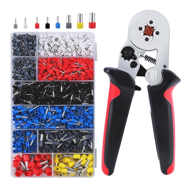 Carbon Steel Ratcheting Crimping Tool Kit with 1800 Conductor End Sleeves, 4-Axis Design, Pressure Adjustment & Quick-Release Lock, Ergonomic Handles, AWG 23-7 (Black & Red, 6.9x2.7in)