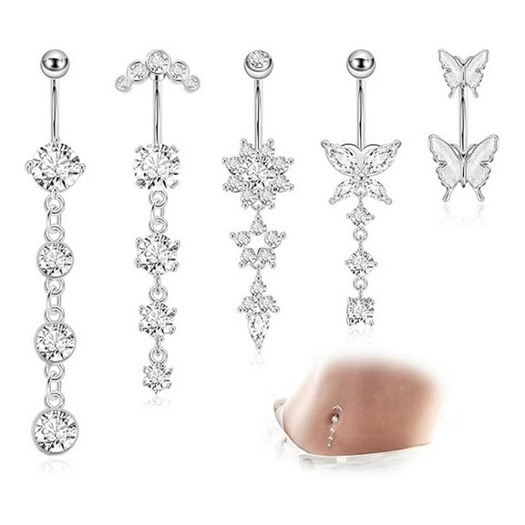 PONPRNGY 5PCS Belly Button Ring Stainless Steel Dangle Belly Rings Clicker Belly Piercing Navel Rings for Women